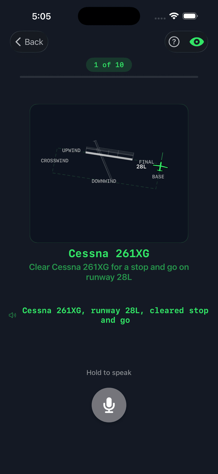 ATC Tower Trainer phraseology practice screen with radio phrase validation